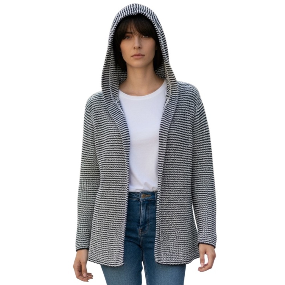 Artelier‎ Nicole Miller Navy & White Knit Hooded Open Cardigan Size M